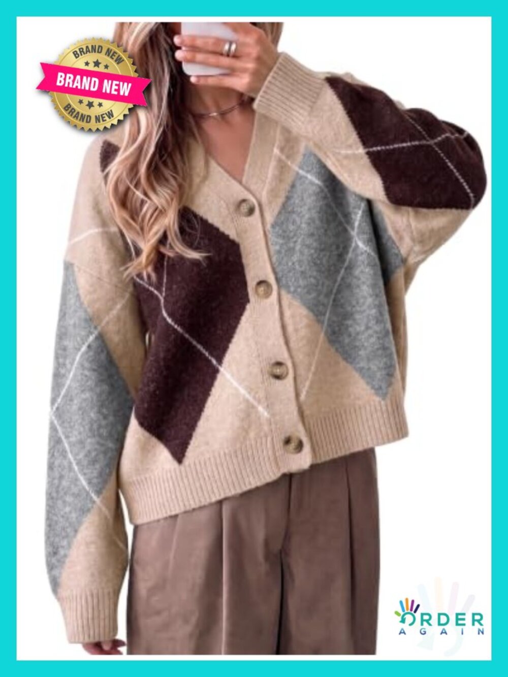 Vintage Argyle Knit Cardigan, Oversized Cozy Fit, V Neck Long Sleeve, Easy to